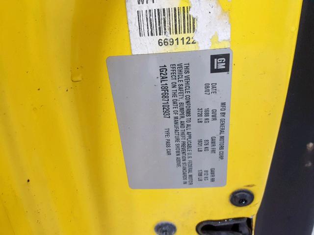 1G2AL18F687102937 - 2008 PONTIAC G5 YELLOW photo 10
