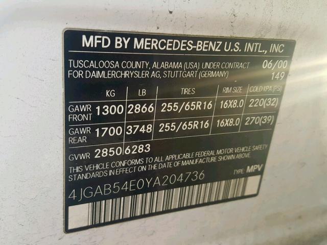 4JGAB54E0YA204736 - 2000 MERCEDES-BENZ ML 320 WHITE photo 10