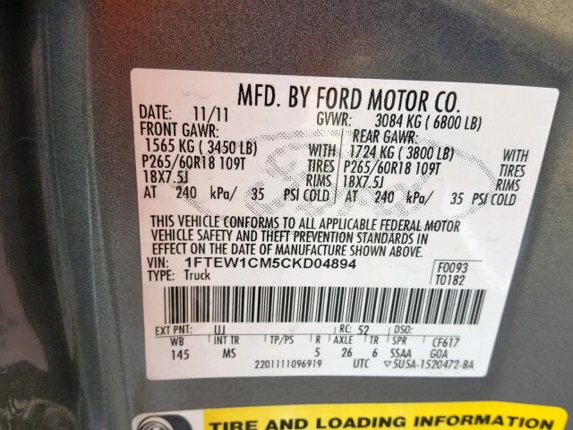 1FTEW1CM5CKD04894 - 2012 FORD F150 SUPER SILVER photo 10