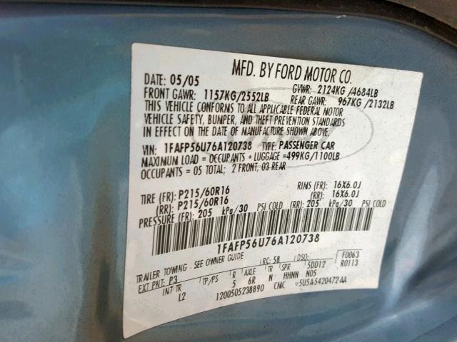 1FAFP56U76A120738 - 2006 FORD TAURUS SEL BLUE photo 10