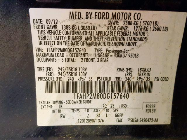 1FAHP2M80DG157640 - 2013 FORD TAURUS POL BLUE photo 10