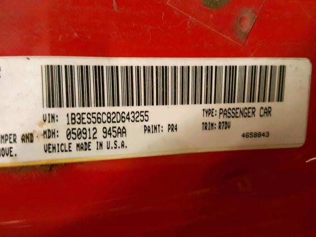 1B3ES56C82D643255 - 2002 DODGE NEON ES RED photo 10