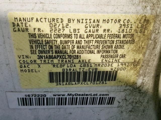 3N1AB6APXCL701281 - 2012 NISSAN SENTRA 2.0 WHITE photo 10