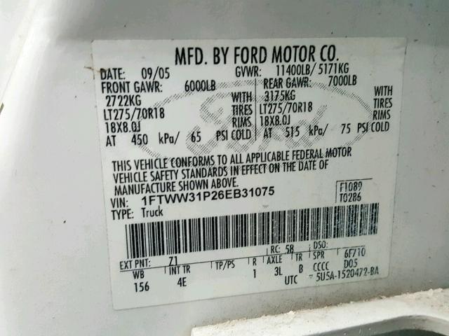 1FTWW31P26EB31075 - 2006 FORD F350 SRW S WHITE photo 10