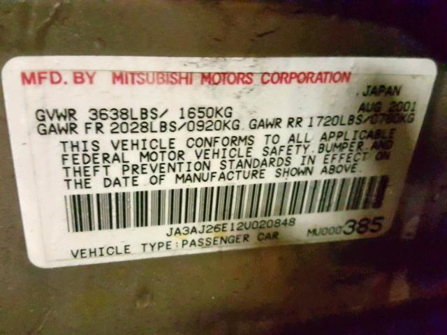 JA3AJ26E12U020848 - 2002 MITSUBISHI LANCER ES GRAY photo 10