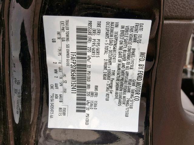 1FAFP37N56W152411 - 2006 FORD FOCUS ZX5 BLACK photo 10