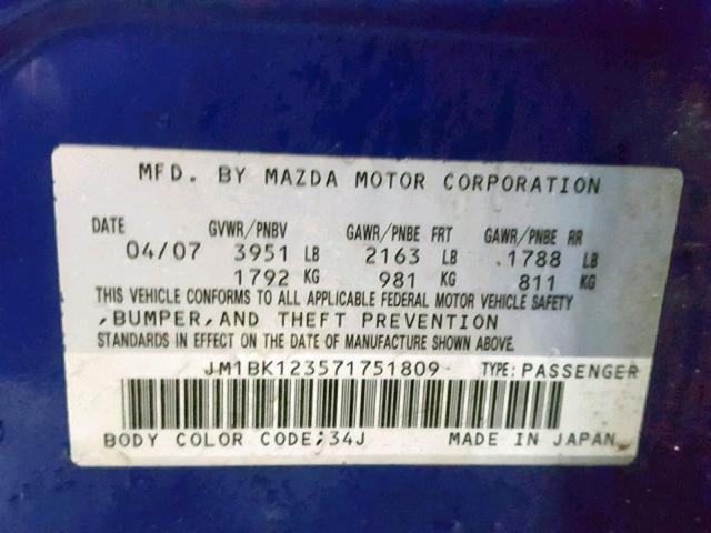 JM1BK123571751809 - 2007 MAZDA 3 S BLUE photo 10