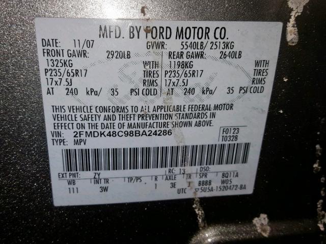 2FMDK48C98BA24286 - 2008 FORD EDGE SEL SILVER photo 10