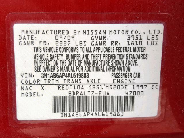 3N1AB6AP4AL619883 - 2010 NISSAN SENTRA 2.0 RED photo 10