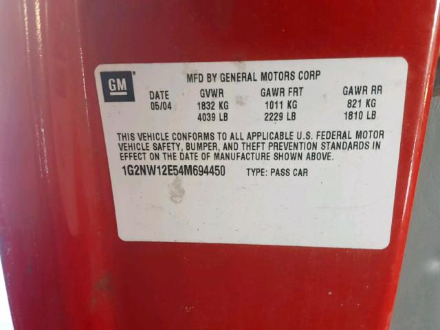 1G2NW12E54M694450 - 2004 PONTIAC GRAND AM G RED photo 10