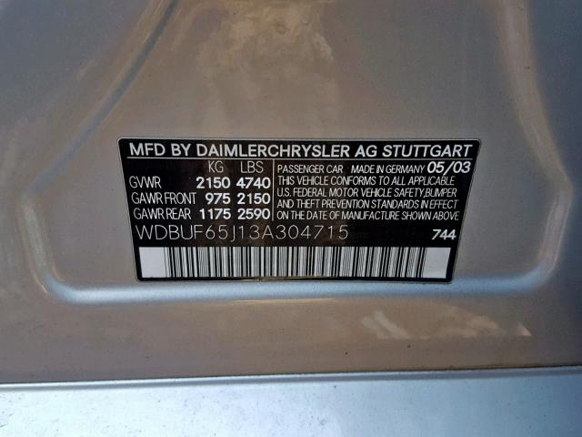 WDBUF65J13A304715 - 2003 MERCEDES-BENZ E 320 SILVER photo 10