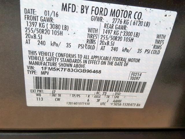 1FM5K7F83GGB96468 - 2016 FORD EXPLORER L GRAY photo 10