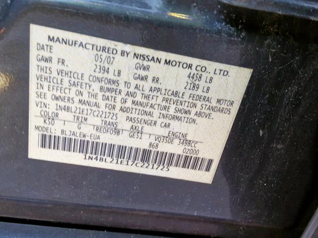 1N4BL21E17C221725 - 2007 NISSAN ALTIMA 3.5 GRAY photo 10