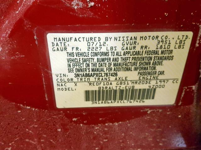 3N1AB6APXCL767426 - 2012 NISSAN SENTRA 2.0 RED photo 10