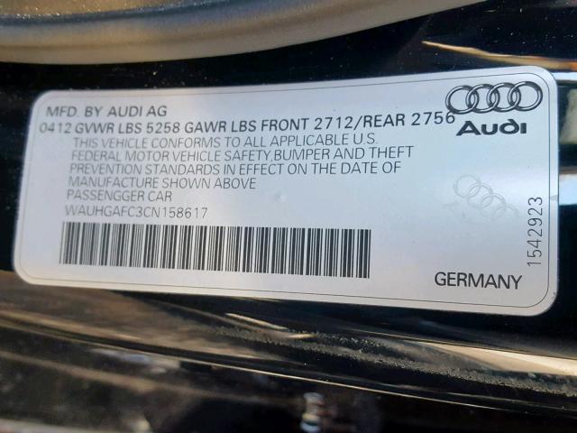 WAUHGAFC3CN158617 - 2012 AUDI A6 PRESTIG BLACK photo 10