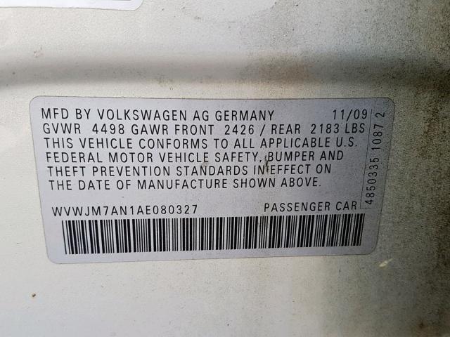 WVWJM7AN1AE080327 - 2010 VOLKSWAGEN PASSAT KOM SILVER photo 10