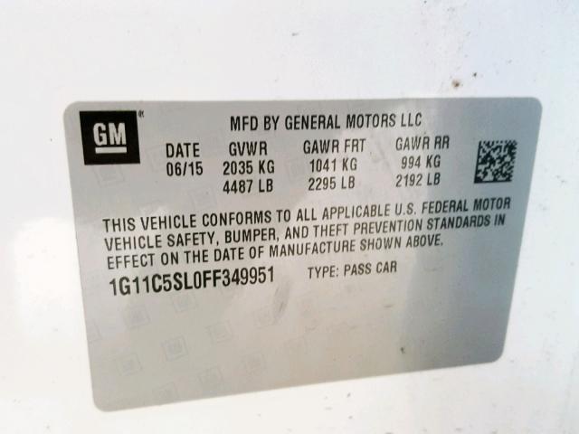 1G11C5SL0FF349951 - 2015 CHEVROLET MALIBU 1LT 白色 照片 10