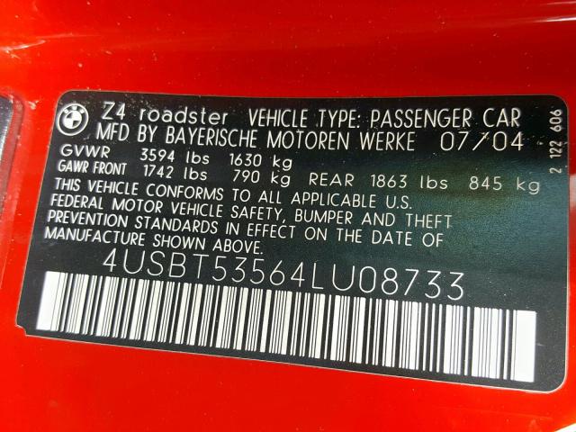 4USBT53564LU08733 - 2004 BMW Z4 3.0 RED photo 10