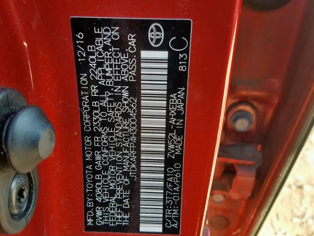 JTDKARFP4H3004562 - 2017 TOYOTA PRIUS PRIM წითელი ფოტო 10