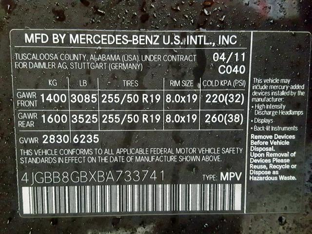 4JGBB8GBXBA733741 - 2011 MERCEDES-BENZ ML 350 4MA BLACK photo 10