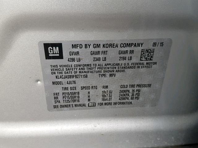 KL4CJASB9FB271158 - 2015 BUICK ENCORE SILVER photo 10