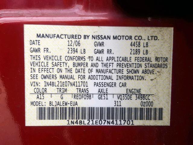 1N4BL21E07N411701 - 2007 NISSAN ALTIMA 3.5 BURGUNDY photo 10