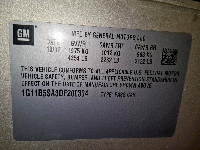 1G11B5SA3DF200304 - 2013 CHEVROLET MALIBU LS GOLD photo 10