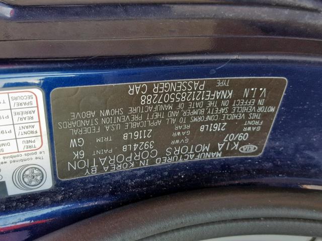 KNAFE121285507288 - 2008 KIA SPECTRA EX BLUE photo 10