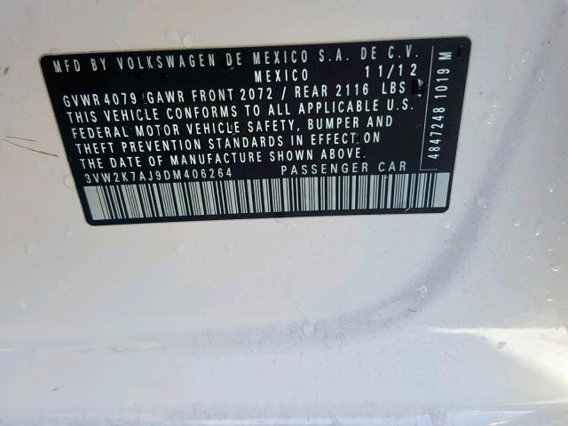 3VW2K7AJ9DM406264 - 2013 VOLKSWAGEN JETTA BASE WHITE photo 10