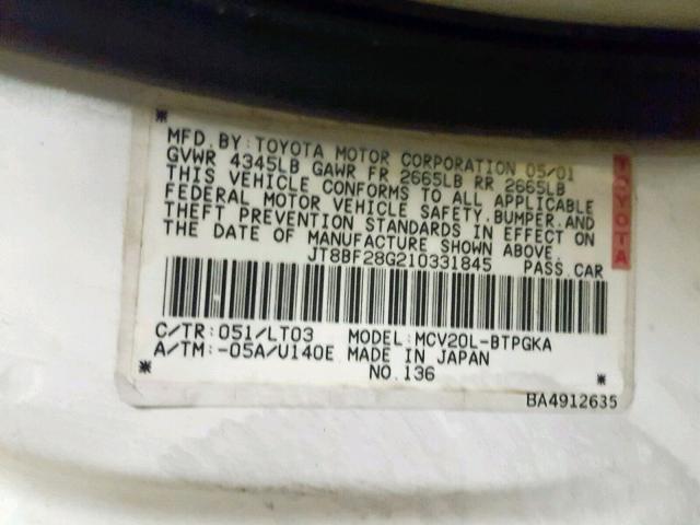 JT8BF28G210331845 - 2001 LEXUS ES 300 WHITE photo 10