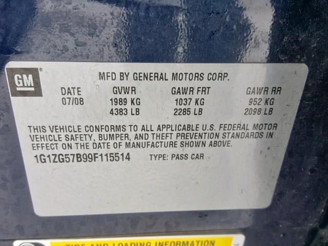 1G1ZG57B99F115514 - 2009 CHEVROLET MALIBU LS BLUE photo 10