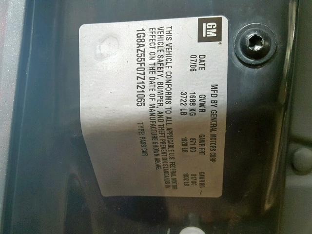 1G8AZ55F07Z121065 - 2007 SATURN ION LEVEL GRAY photo 10