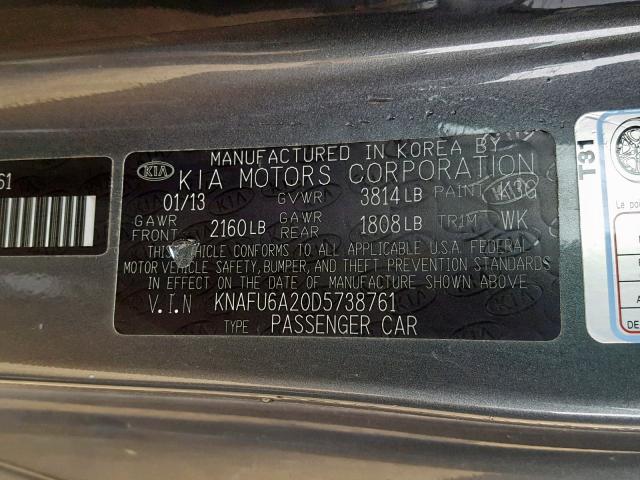 KNAFU6A20D5738761 - 2013 KIA FORTE EX GRAY photo 10