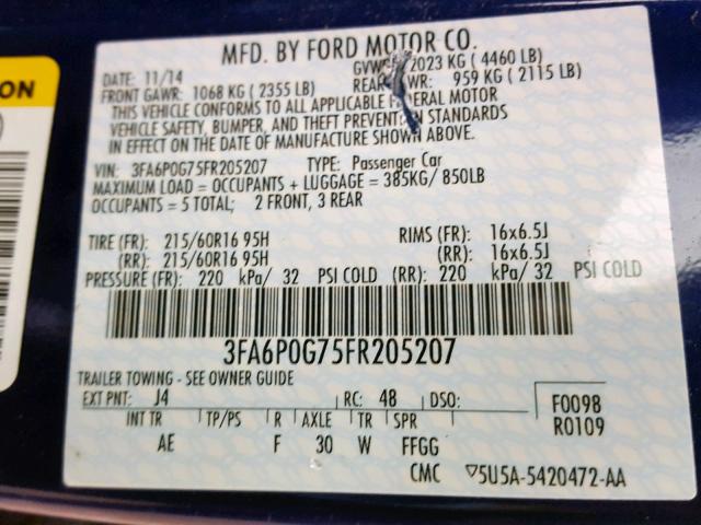 3FA6P0G75FR205207 - 2015 FORD FUSION S BLUE photo 10