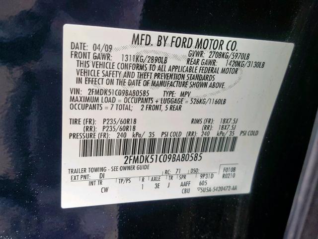 2FMDK51C09BA80585 - 2009 FORD FLEX SE BLUE photo 10