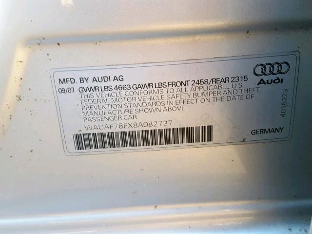 WAUAF78EX8A082737 - 2008 AUDI A4 2.0T SILVER photo 10