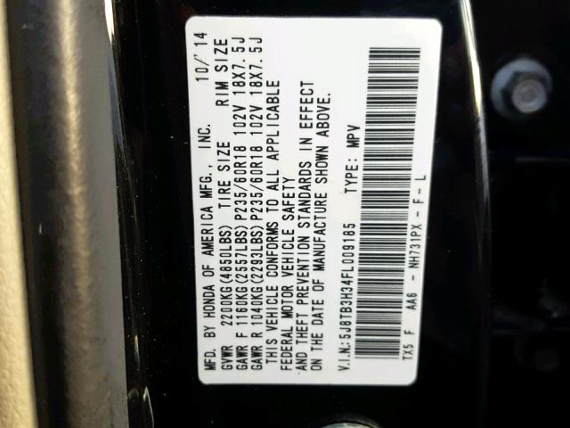 5J8TB3H34FL009185 - 2015 ACURA RDX BASE BLACK photo 10