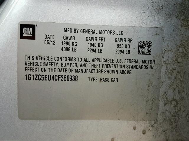 1G1ZC5EU4CF360938 - 2012 CHEVROLET MALIBU 1LT 银色 照片 10