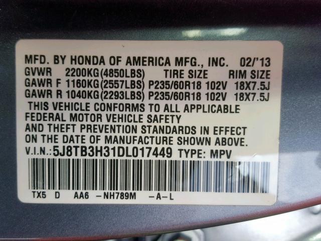 5J8TB3H31DL017449 - 2013 ACURA RDX GRAY photo 10