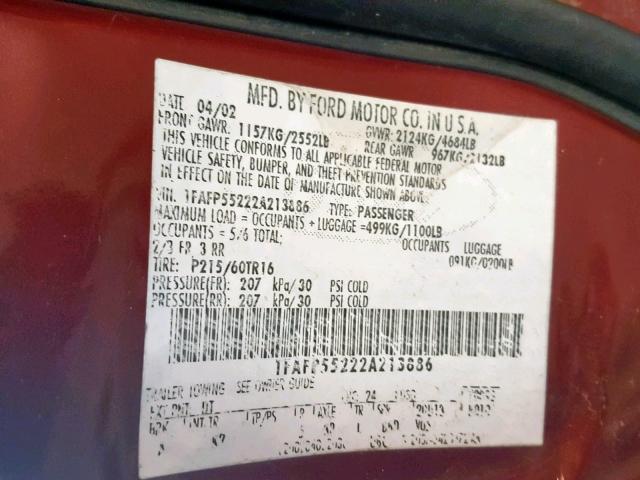 1FAFP55222A213886 - 2002 FORD TAURUS SES RED photo 10