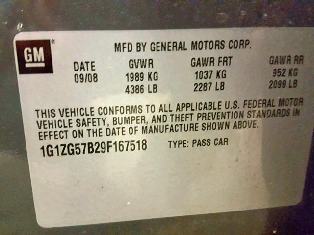 1G1ZG57B29F167518 - 2009 CHEVROLET MALIBU LS GRAY photo 10
