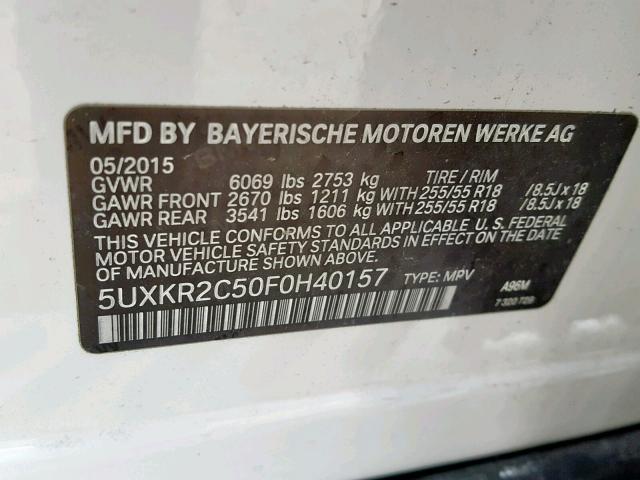 5UXKR2C50F0H40157 - 2015 BMW X5 SDRIVE3 WHITE photo 10