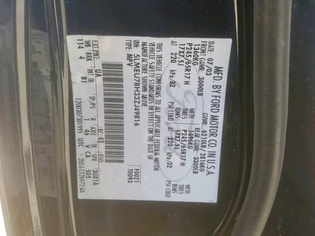 5LMEU78H33ZJ49816 - 2003 LINCOLN AVIATOR 黑色 照片 10