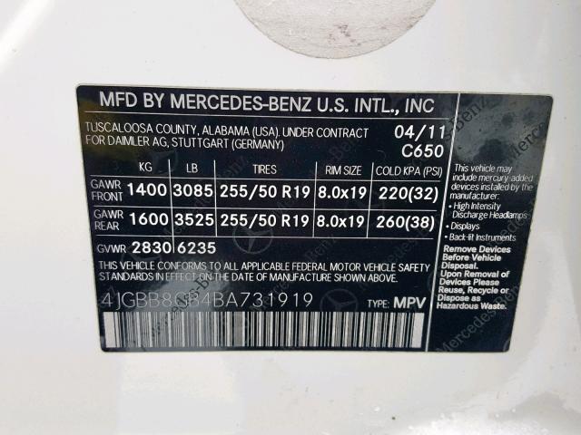 4JGBB8GB4BA731919 - 2011 MERCEDES-BENZ ML 350 4MA WHITE photo 10