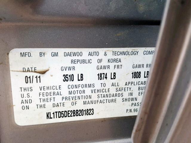 KL1TD5DE2BB201823 - 2011 CHEVROLET AVEO LS GRAY photo 10