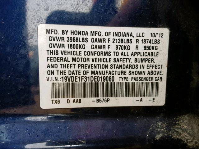 19VDE1F31DE019060 - 2013 ACURA ILX 20 BLUE photo 10