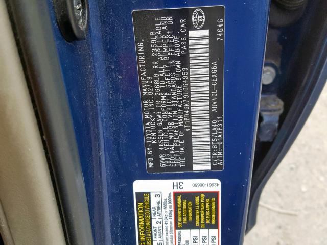 4T1BB46K79U064959 - 2009 TOYOTA CAMRY HYBR BLUE photo 10