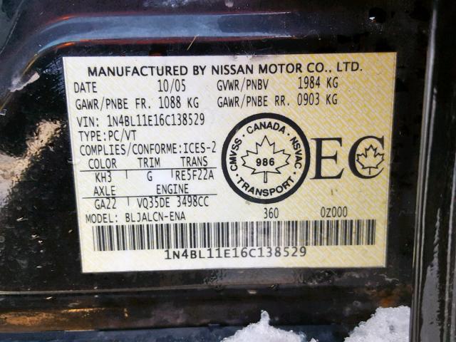 1N4BL11E16C138529 - 2006 NISSAN ALTIMA SE BLACK photo 10