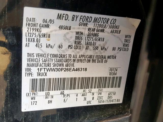 1FTWW30P26EA46318 - 2006 FORD F350 SRW S BLACK photo 10