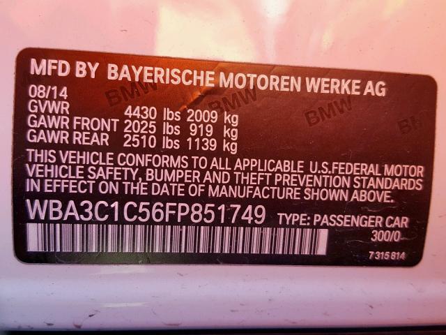 WBA3C1C56FP851749 - 2015 BMW 328 I SULE WHITE photo 10